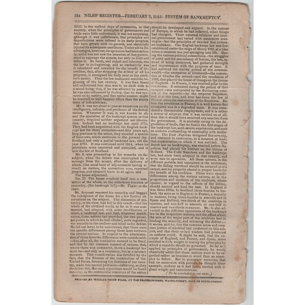 Niles Weekly Register Feb 9 1822 Baltimore Newspaper Vol IX No 24 Bankruptcy Law - Picture 2 of 2